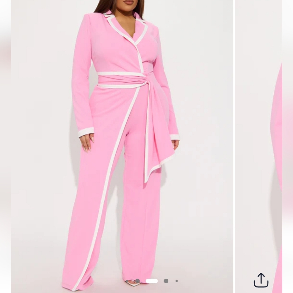 Fashion Nova Pink Wrap Belt Jumpsuit with White Trim